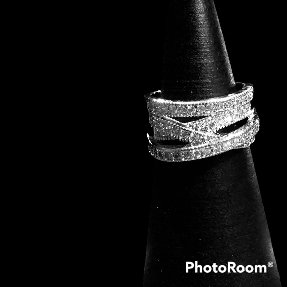 Silver quad band  criss cross ring with studded CZ stones NWOT